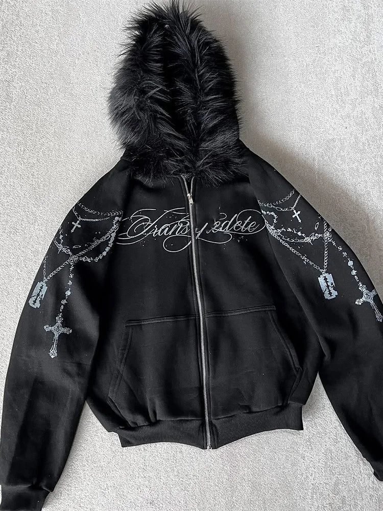 Y2K Gothic Cross Zip-Up Jacket With Faux Fur Hood