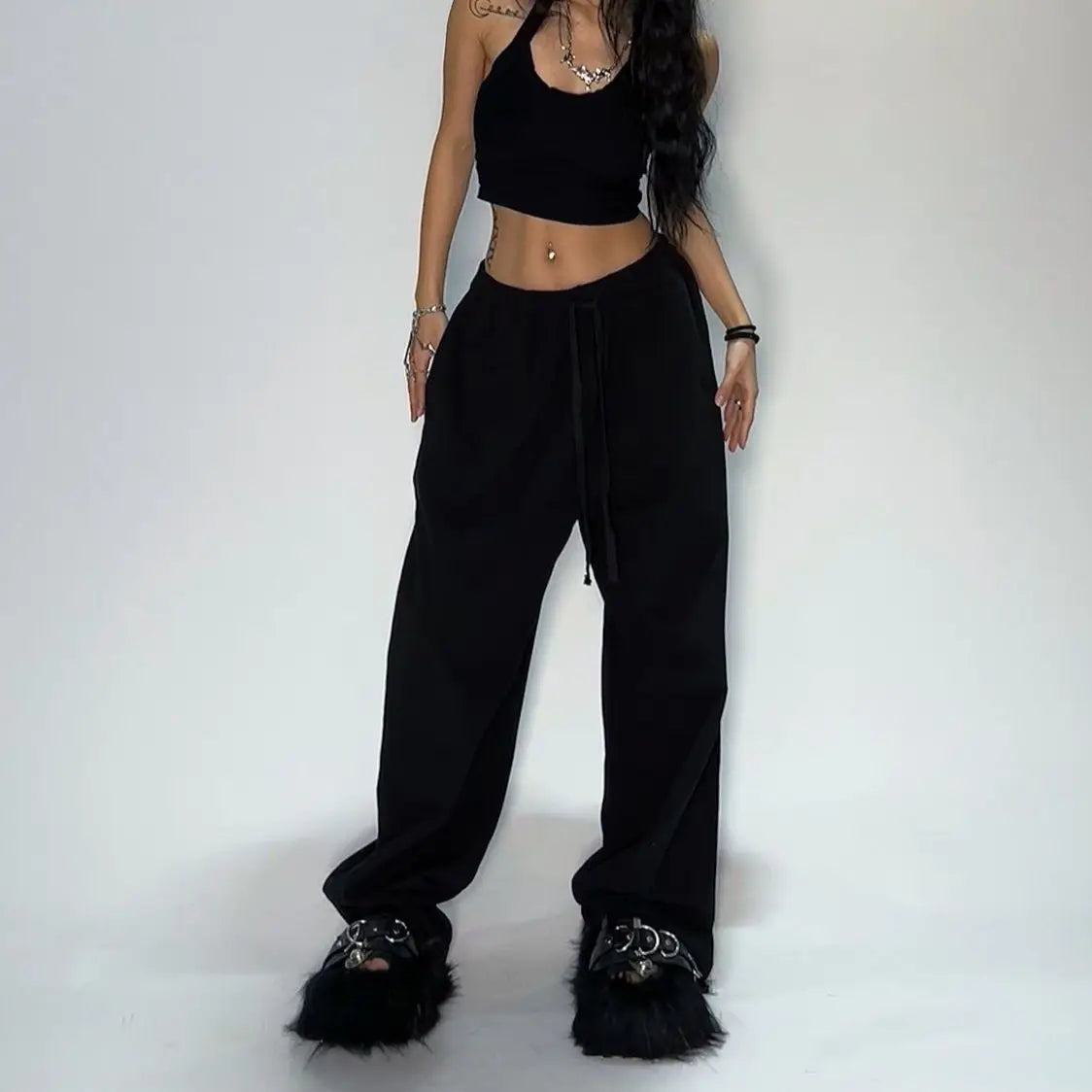 Y2K Wide-Leg Tactical Sweatpants With Utility Pockets