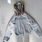 Y2K Gothic Cross Zip-Up Jacket With Faux Fur Hood