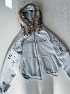 Y2K Gothic Cross Zip-Up Jacket With Faux Fur Hood
