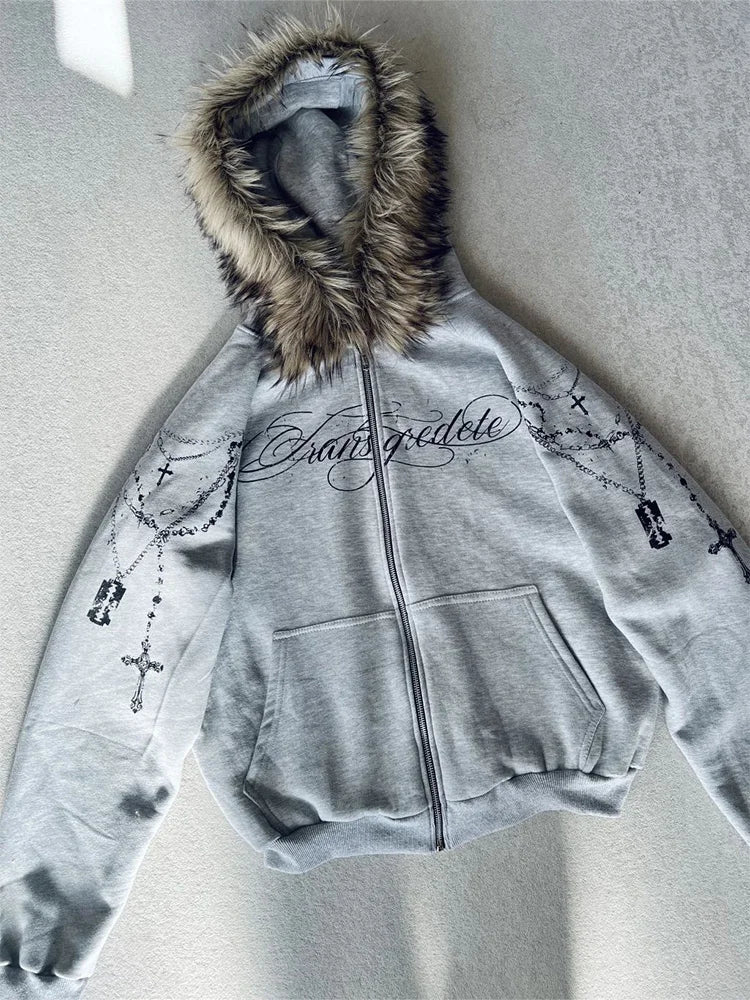 Y2K Gothic Cross Zip-Up Jacket With Faux Fur Hood