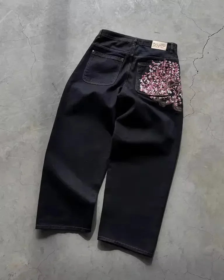 Y2K Cherry Blossom Embroidered Baggy Wide-Leg Jeans