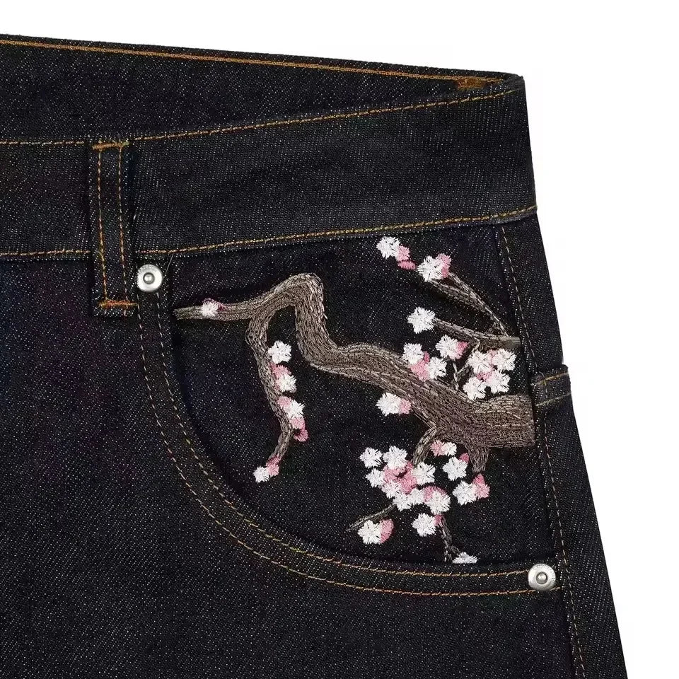 Y2K Cherry Blossom Embroidered Baggy Wide-Leg Jeans