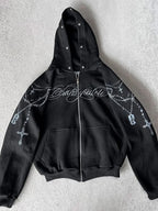Y2K Gothic Cross Zip-Up Jacket With Faux Fur Hood