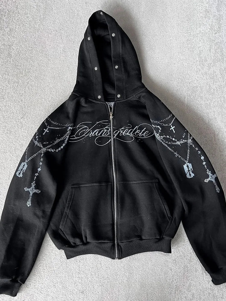 Y2K Gothic Cross Zip-Up Jacket With Faux Fur Hood