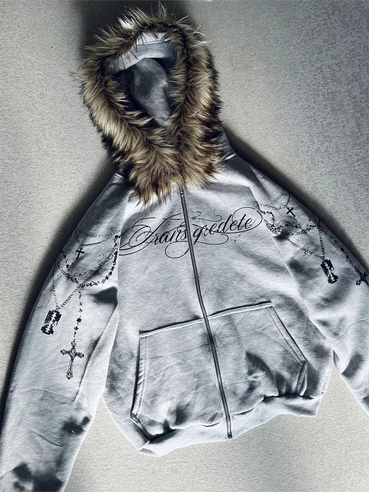 Y2K Gothic Cross Zip-Up Jacket With Faux Fur Hood