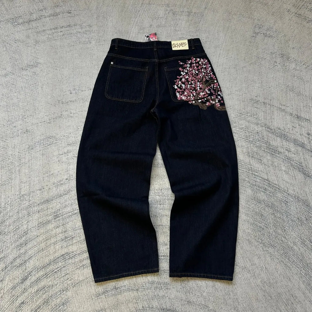 Y2K Cherry Blossom Embroidered Baggy Wide-Leg Jeans