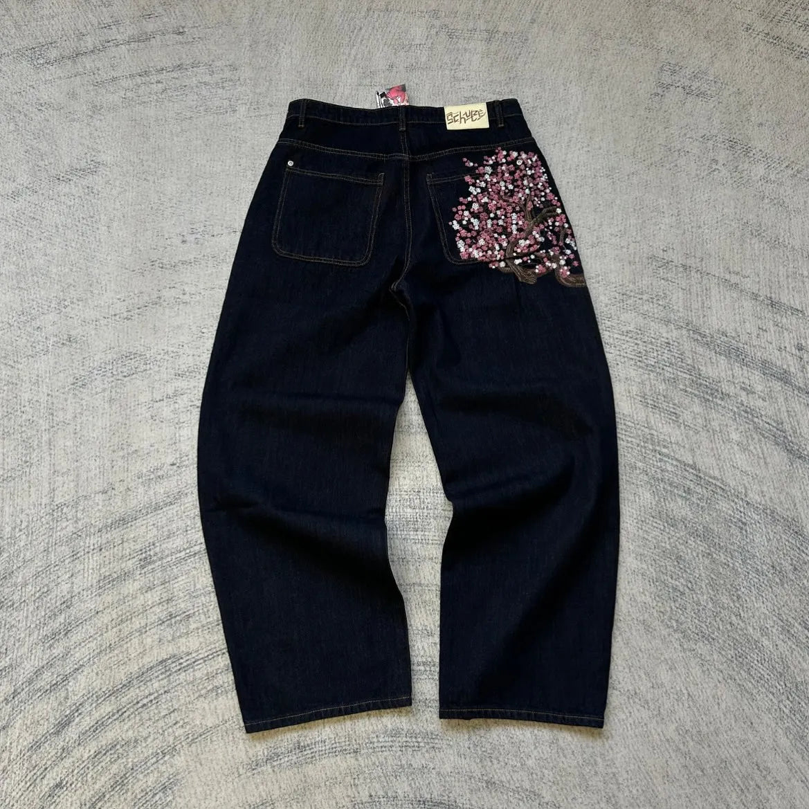 Y2K Cherry Blossom Embroidered Baggy Wide-Leg Jeans