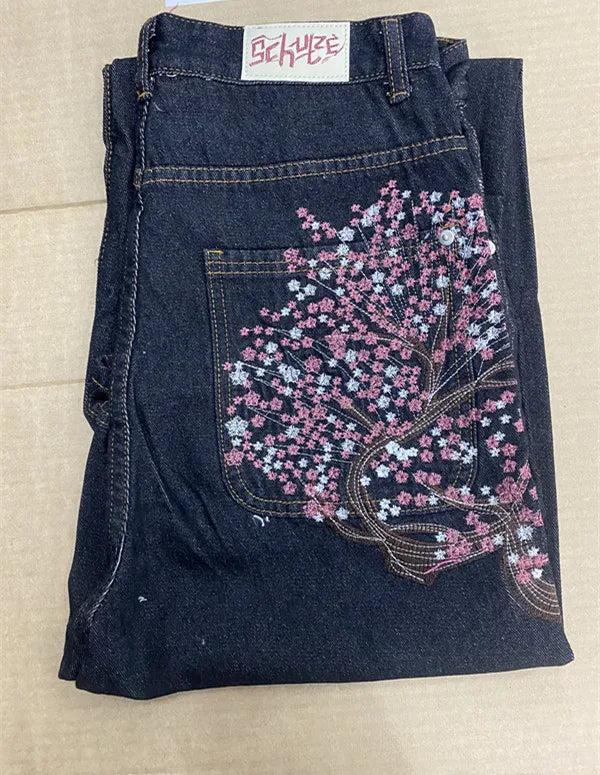 Y2K Cherry Blossom Embroidered Baggy Wide-Leg Jeans