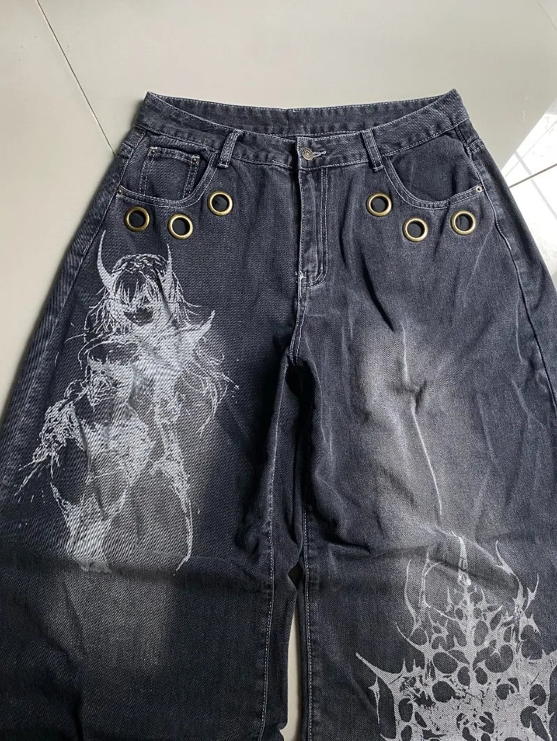 Vintage Wide-Leg Streetwear Jeans – Washed Graphic Denim