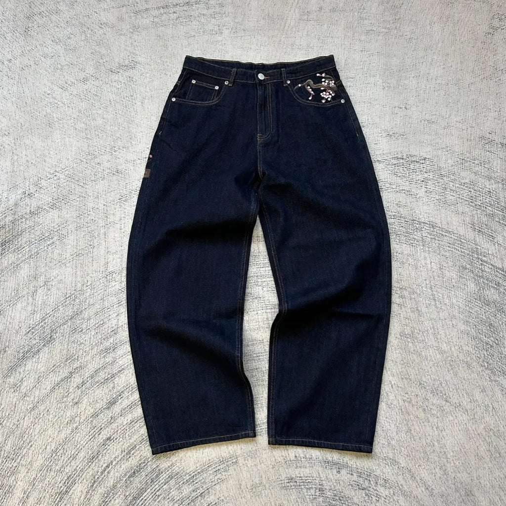 Y2K Cherry Blossom Embroidered Baggy Wide-Leg Jeans
