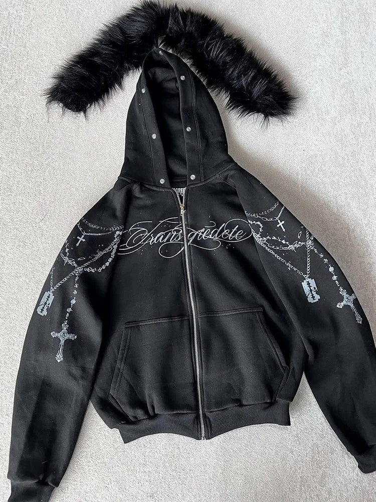 Y2K Gothic Cross Zip-Up Jacket With Faux Fur Hood