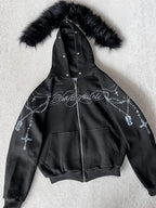 Y2K Gothic Cross Zip-Up Jacket With Faux Fur Hood