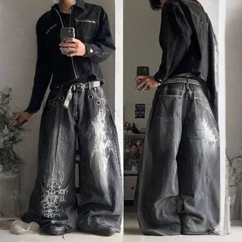 Vintage Wide-Leg Streetwear Jeans – Washed Graphic Denim
