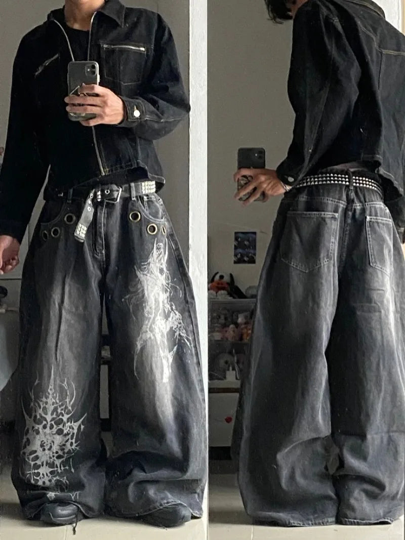 Vintage Wide-Leg Streetwear Jeans – Washed Graphic Denim