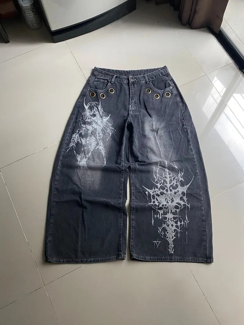Vintage Wide-Leg Streetwear Jeans – Washed Graphic Denim