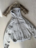Y2K Gothic Cross Zip-Up Jacket With Faux Fur Hood