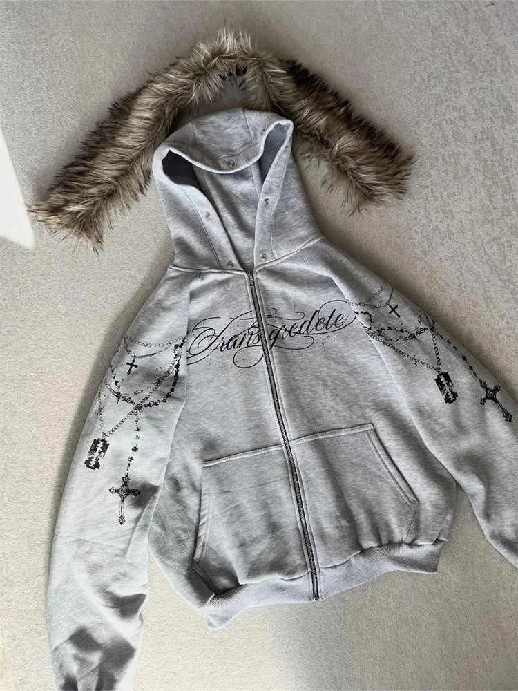 Y2K Gothic Cross Zip-Up Jacket With Faux Fur Hood