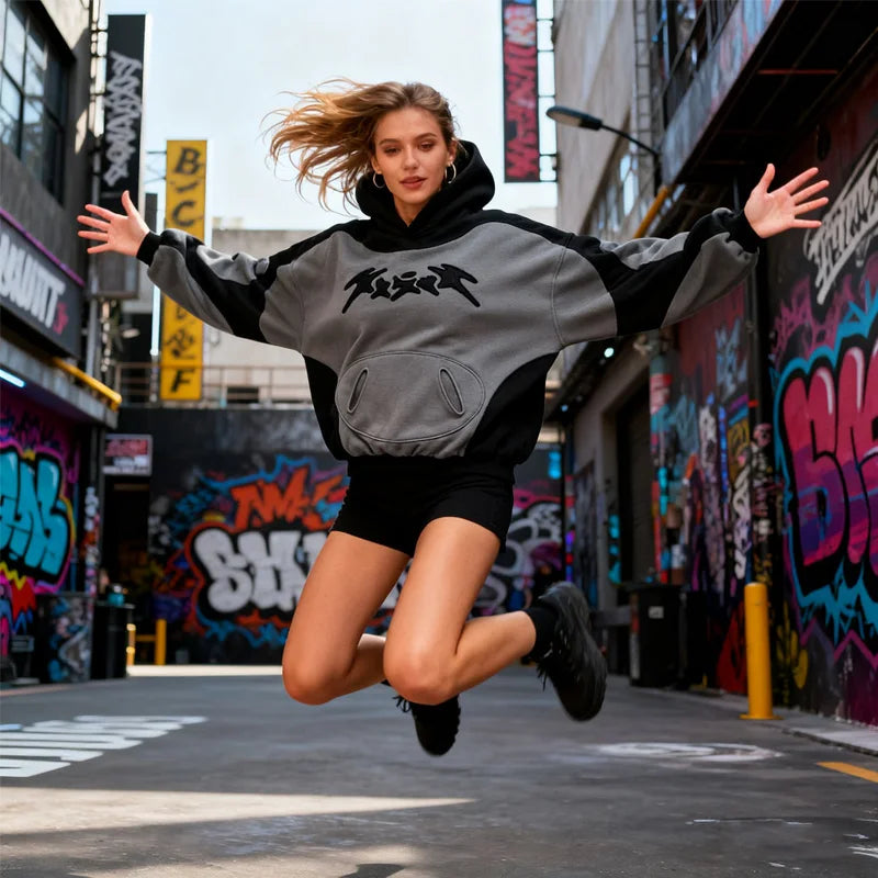 Oversized Color Block Hoodie – Embroidered Streetwear