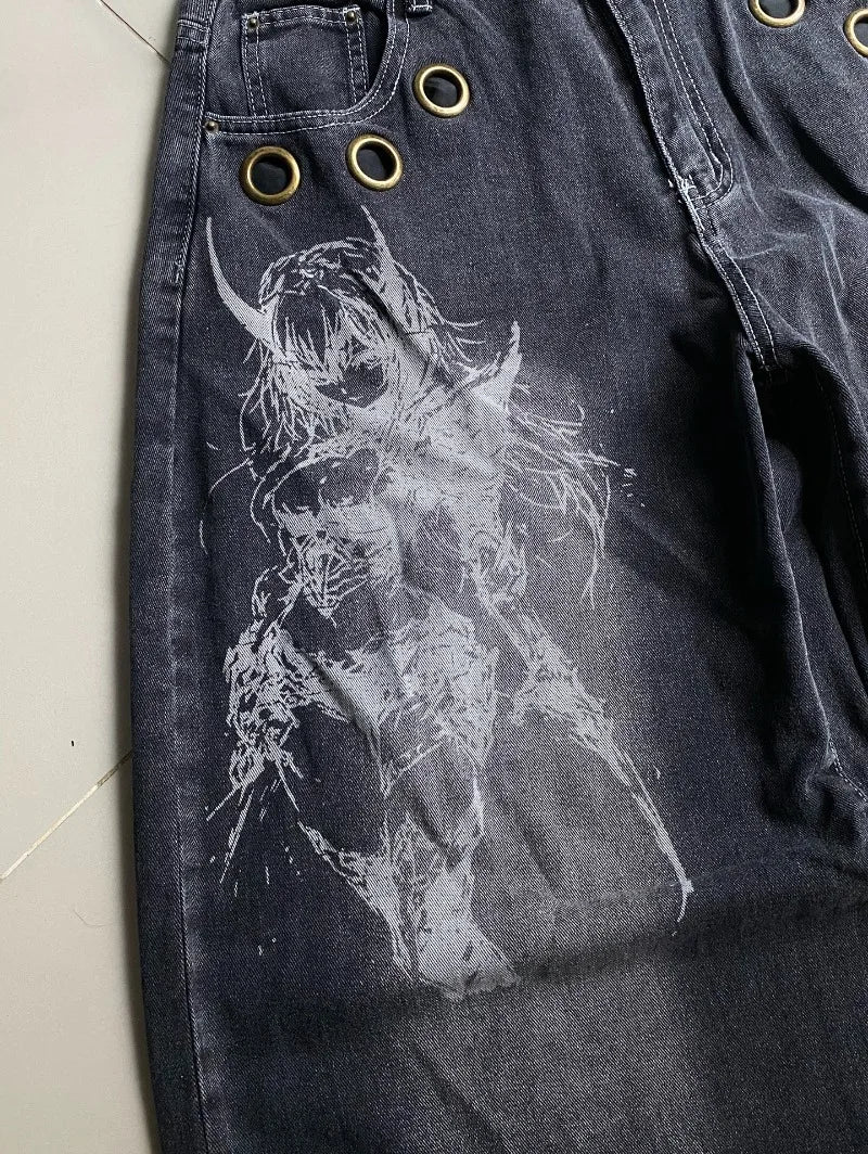 Vintage Wide-Leg Streetwear Jeans – Washed Graphic Denim