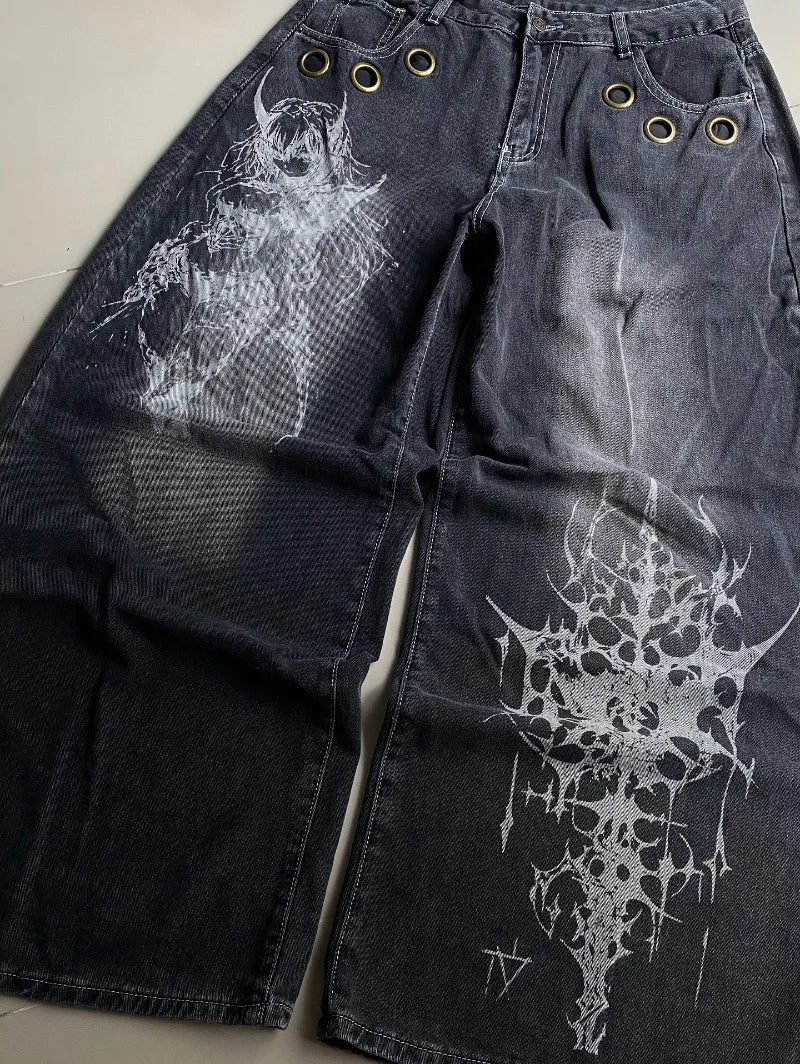 Vintage Wide-Leg Streetwear Jeans – Washed Graphic Denim