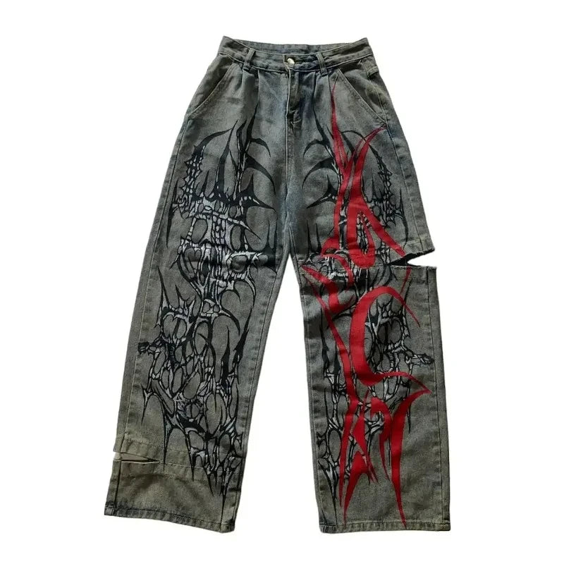 Vintage Wide-Leg Streetwear Jeans – Washed Graphic Denim