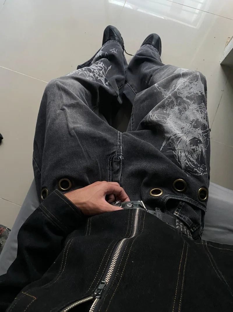 Vintage Wide-Leg Streetwear Jeans – Washed Graphic Denim