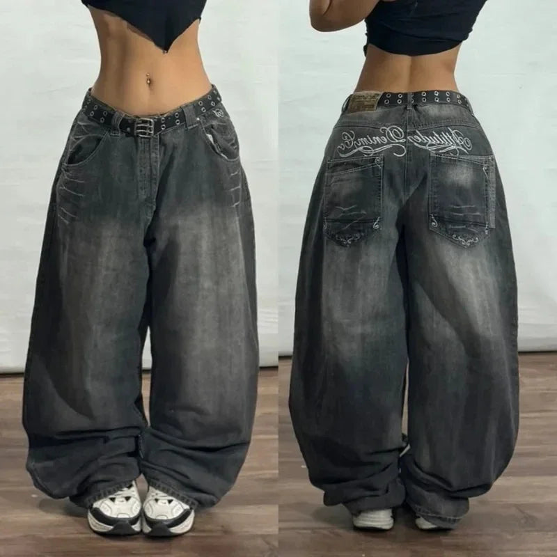 Vintage Wide-Leg Streetwear Jeans – Washed Graphic Denim