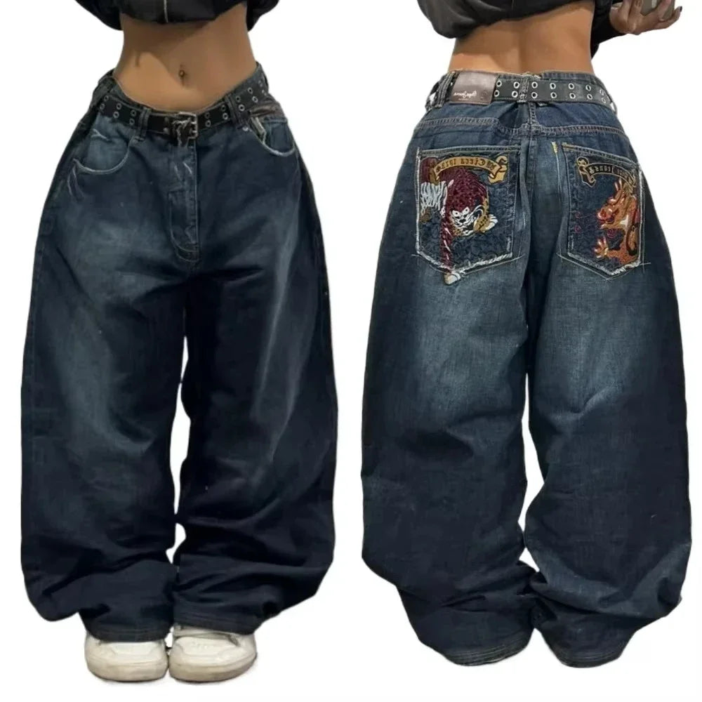 Vintage Wide-Leg Streetwear Jeans – Washed Graphic Denim