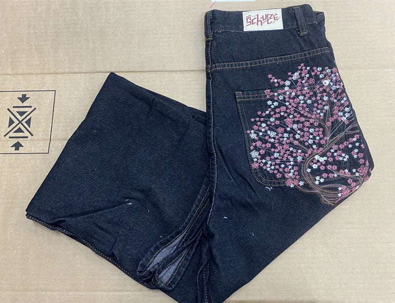 Y2K Cherry Blossom Embroidered Baggy Wide-Leg Jeans