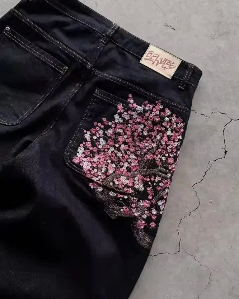 Y2K Cherry Blossom Embroidered Baggy Wide-Leg Jeans